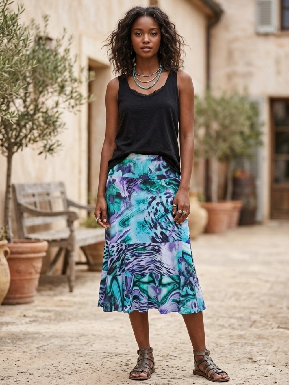 Mermaidcore Vintage Y2K Abstract Whimsygoth Midi Skirt Turquoise Swirl Retro